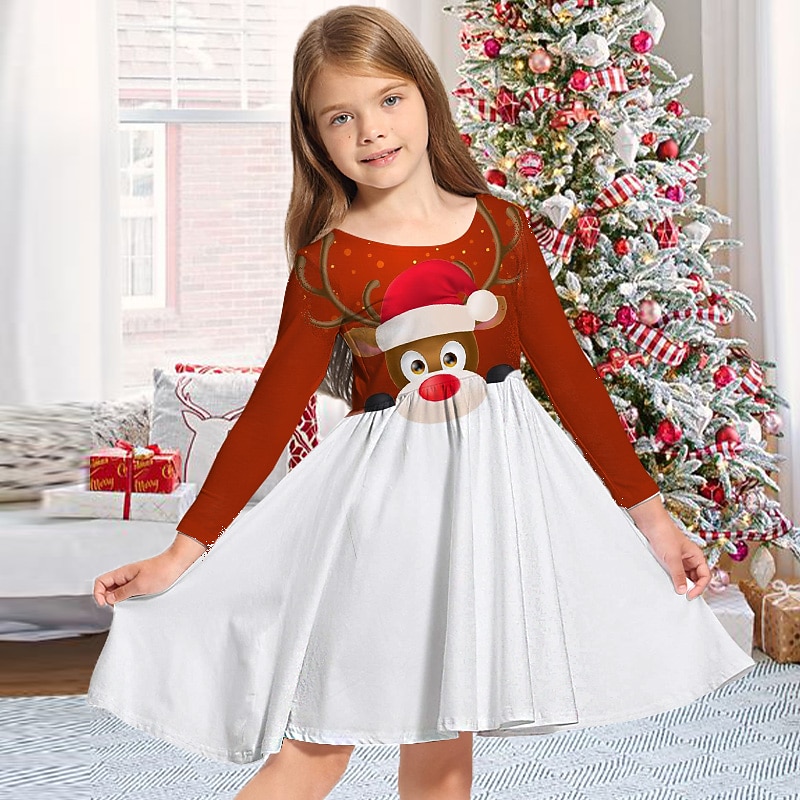 Niños Chica Vestido de Navidad Vestido Vestido de copo de nieve Animal Cada Copo Manga Larga Casual Cuello redondo Adorable Diario Poliéster Sobre la rodilla Vestido informal Vestido de Columpio 2025 - $16.99 –P4