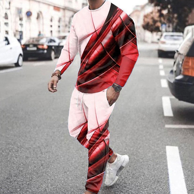 Sudadera y pantalones a rayas para hombre, sudadera con capucha gráfica, conjunto de sudaderas con capucha, rojo, azul, gris claro, cuello redondo, bloque de color, estampado de 2 piezas, 2025 - $39.99 –P2