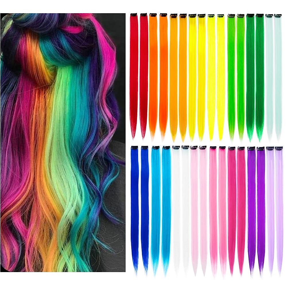 32packs gekleurde hair extensions 20inch rechte kleur clip in op haarverlenging regenboog partij hoogtepunten synthetisch haarstukje voor meisjes 2025 - $26.99 –P1