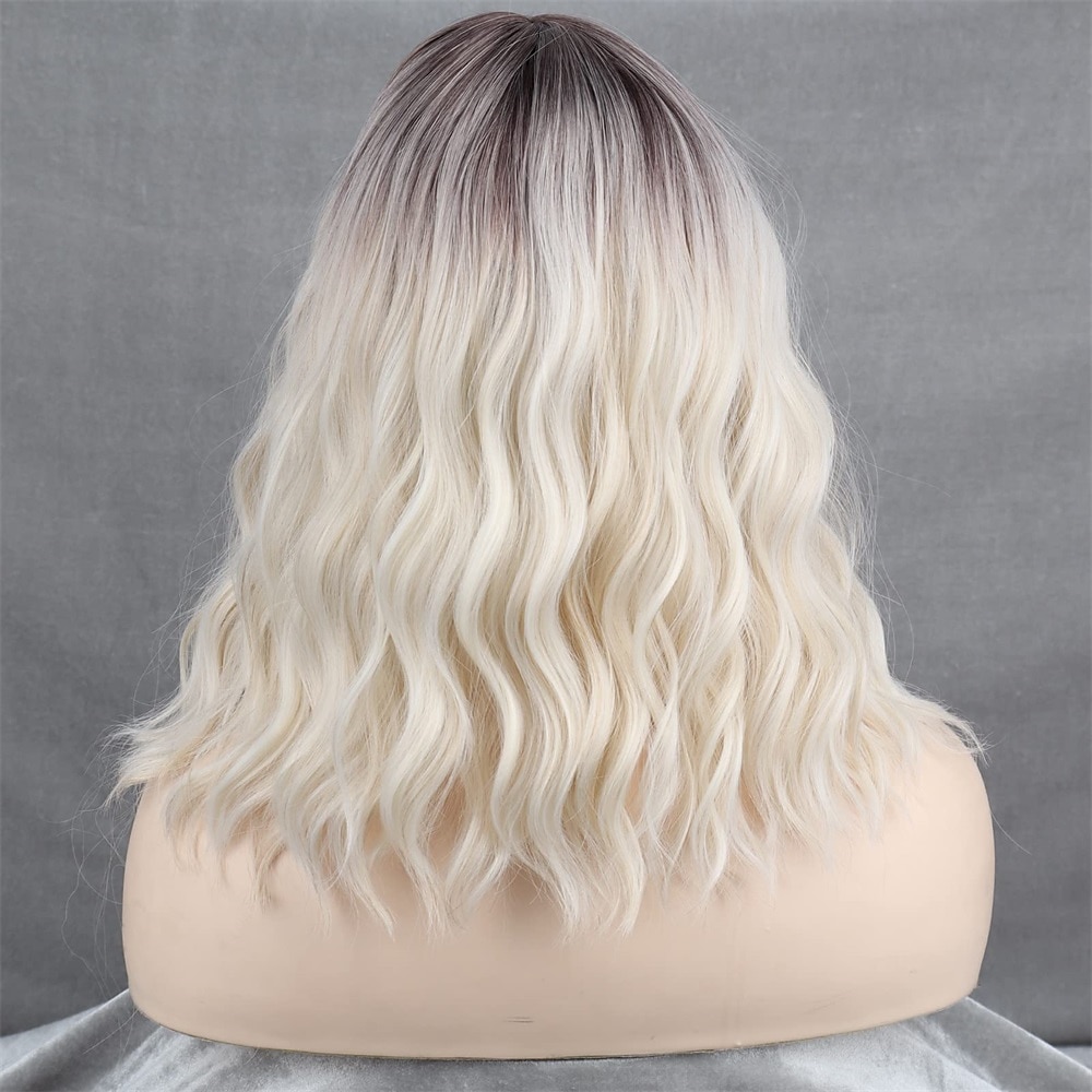 kurze platinblonde Damenperücken weißblonde gewellte Perücke mit Pony mittellange platinblonde gewellte Synthetikperücke für den täglichen Gebrauch 2025 - $28.99 –P8