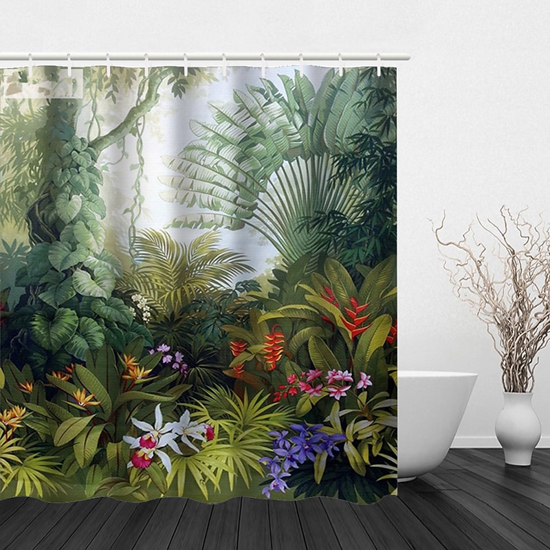 Tropical Shower Curtain with Hooks, Green Shower Curtain, Plant