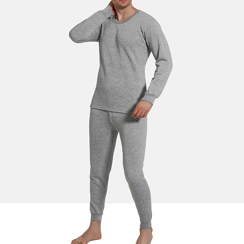 Men's Thermal Underwear Sleepwear Thermal Set Pure Color Basic Fashion Comfort Home Polyester Warm Crew Neck Long Sleeve Pant Elastic Waist Winter Fall Black Light gray 2026 - AU $25.39 –P9