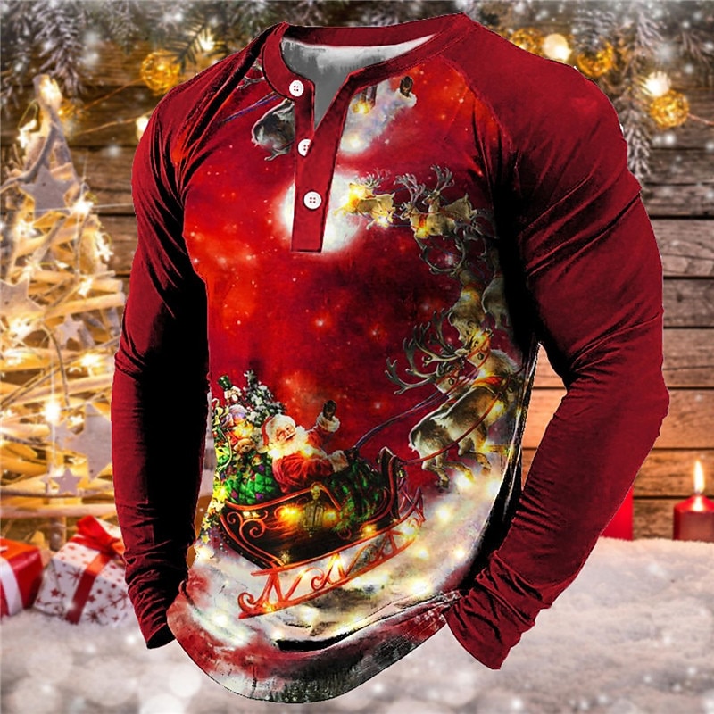 t koszula męska koszulka henley t koszula tee tee graficzny święty mikołaj henley morski błękit zielony czarny niebieski fioletowy 3d drukuj na zewnątrz z długim rękawem patchwork zapinana na guziki 2025 - $24.99 –P3