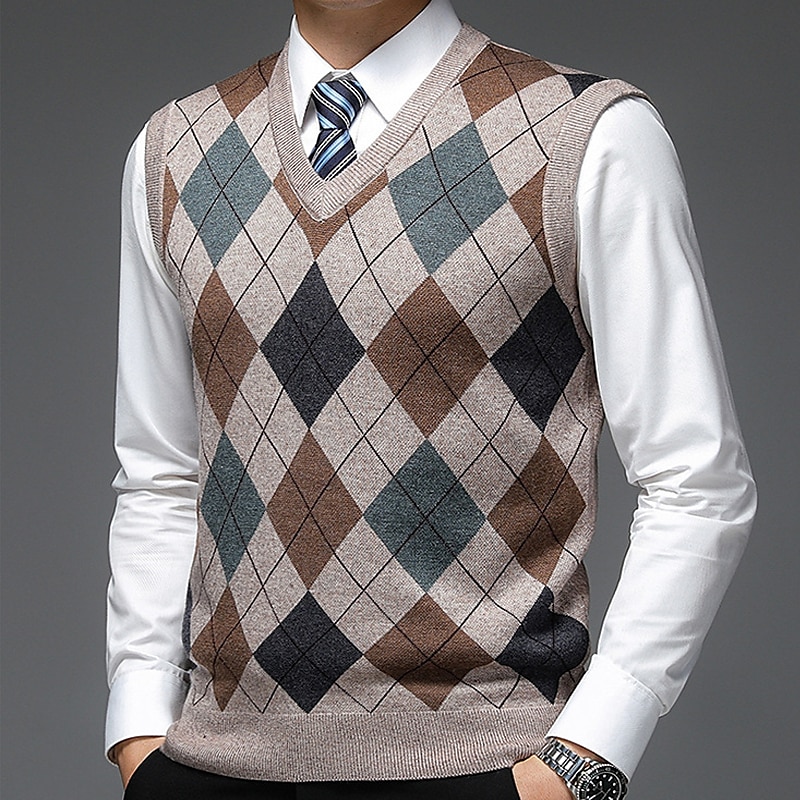Voor heren Trui Trui vest Herenkleding Truien Stoppen Geribd breien Gebreid Kleurenblok V-hals Modern eigentijds Vrije tijd Werk Alledaagse kleding Kleding Mouwloos Winter Lente & Herfst Kameel Wijn 2025 - $36.99 –P10