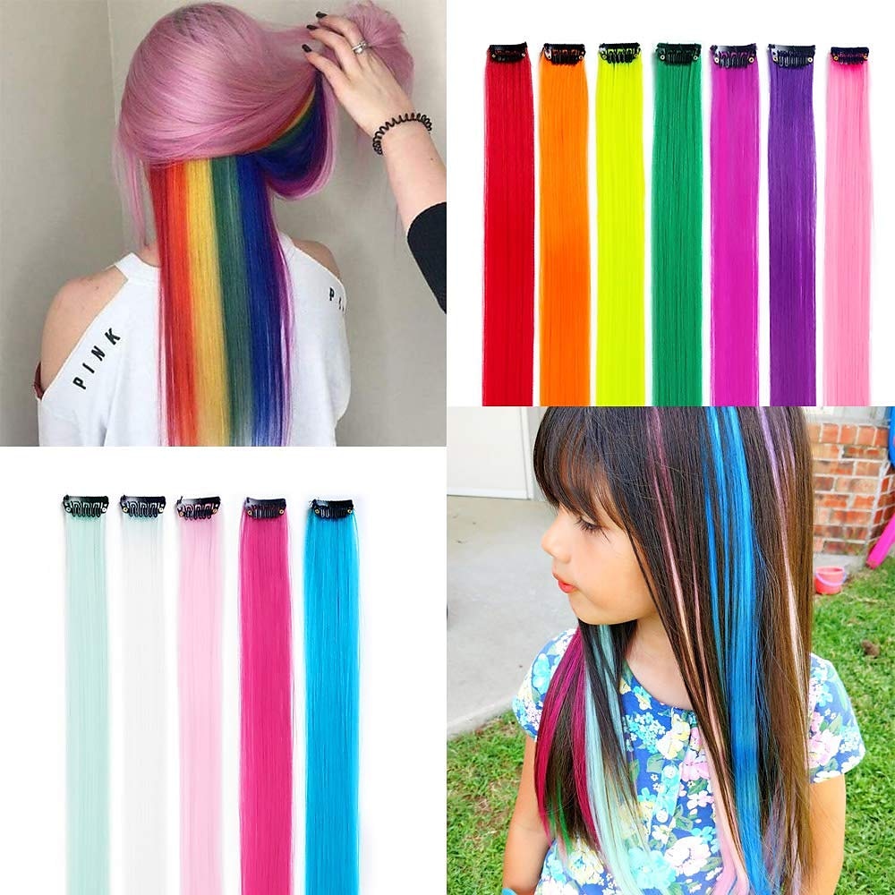 32packs gekleurde hair extensions 20inch rechte kleur clip in op haarverlenging regenboog partij hoogtepunten synthetisch haarstukje voor meisjes 2025 - $26.99 –P7