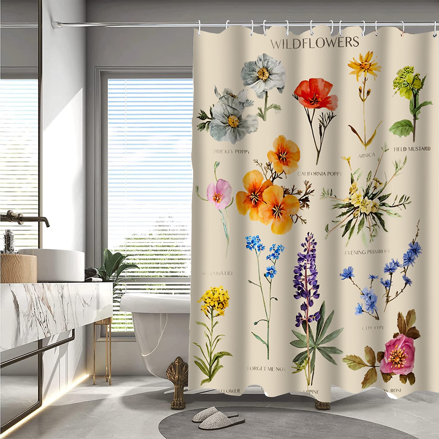 Κουρτίνα Ντους με Γάντζους 180cm*180cm(70"*70") Πολυεστέρας Πλενόμενη Αδιάβροχη Τοπίο με Λουλούδια 2025 - $27.99 –P1