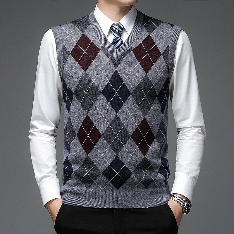 Voor heren Trui Trui vest Herenkleding Truien Stoppen Geribd breien Gebreid Kleurenblok V-hals Modern eigentijds Vrije tijd Werk Alledaagse kleding Kleding Mouwloos Winter Lente & Herfst Kameel Wijn 2025 - $36.99 –P7