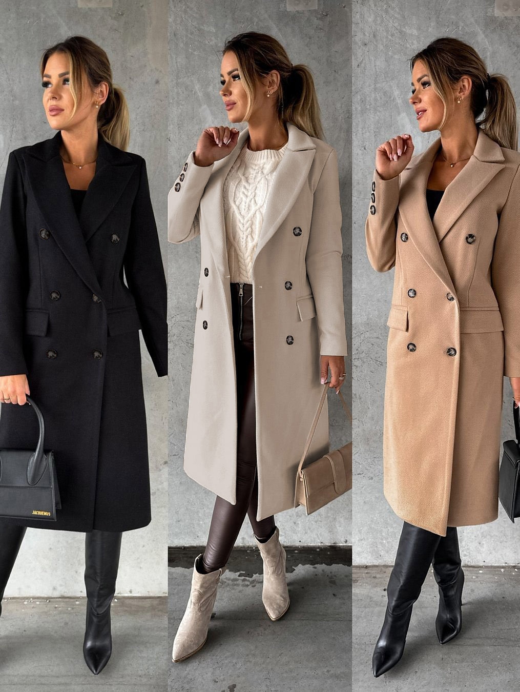 Women's Winter Coat Long Overcoat Double Breasted Pea Coat Notched Lapel Coat Thermal Warm Windproof Trench Coat with Pockets Elegant Outerwear Fall Outerwear Long Sleeve Khaki Black Pink 2023 - US $38.99 –P1