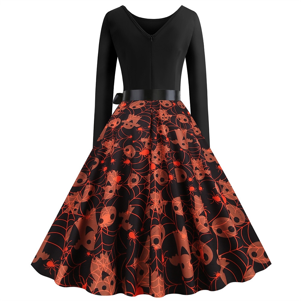 Jaren '50 Retro vintage Over de knie Jurken Swing Jurk Flare Jurk Lange Mouwen Halloween Wijd uitlopend Schommel Kostuum Dames Halloween Halloween Volwassenen Kleding 2026 - $27.99 –P6