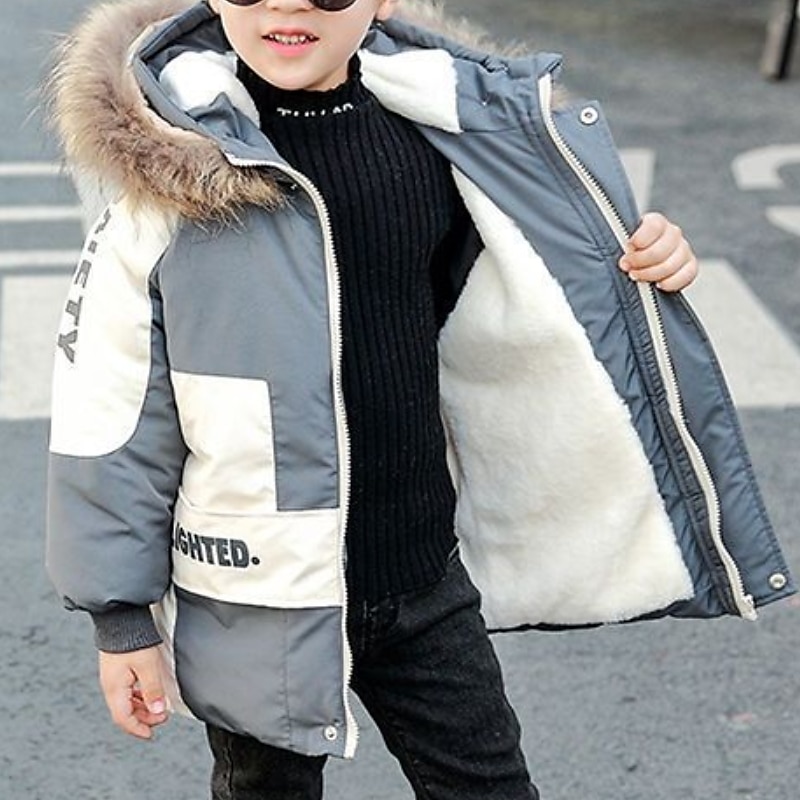 Baby Gutt Fleece-jakke Hettegenser Yttertøy Bokstaver Langermet Frakk utendørs Bomull Mote Grunnleggende Svart Grå Høst Vinter 3-7 år 2025 - $35.99 -P1