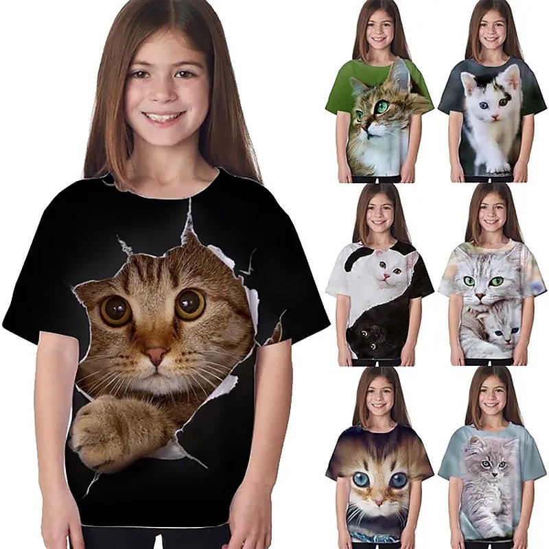 Bambino Da ragazza maglietta Animali Informale Manica corta Girocollo stile sveglio 7-13 anni Estate Nero Bianco Blu marino del 2025 a $11.99 –P1