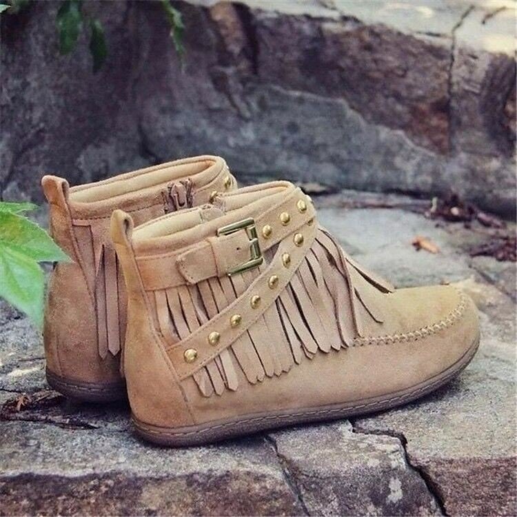 Botine de damă maro din piele întoarsă artificială cu franjuri - stil boho, cu cureaua cu împodobire și fermoar lateral pentru moda casual de toamnă 2025 - $34.99 –P3