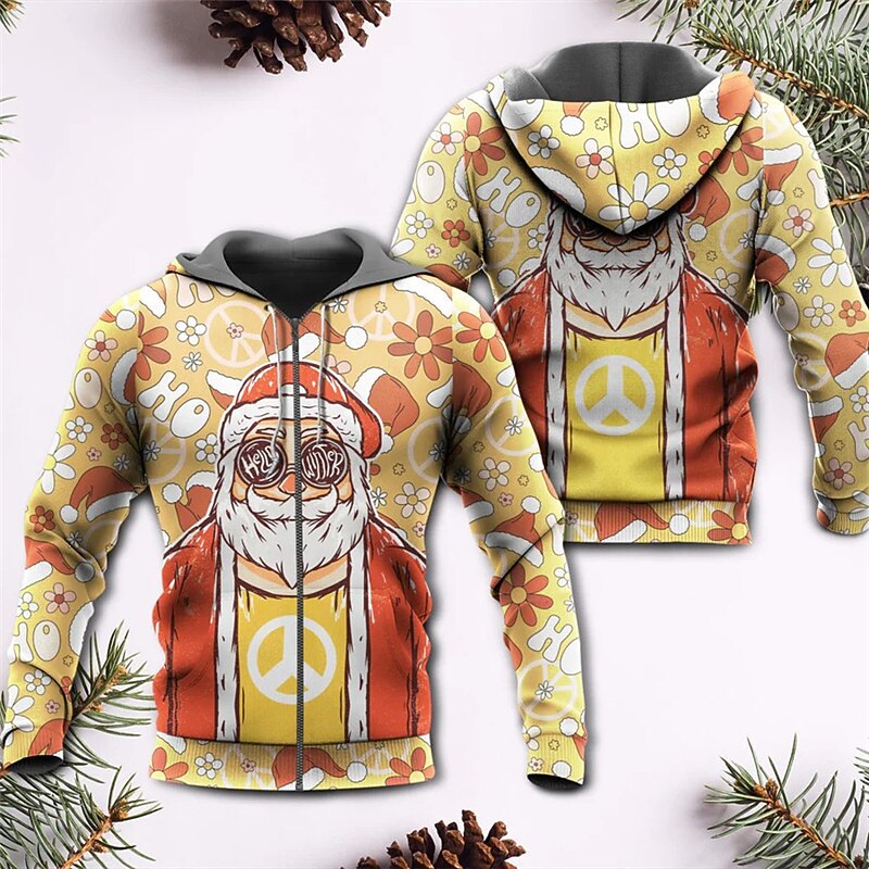 Sweat à capuche 3D Père Noël pour homme, veste entièrement zippée, noir, jaune, rouge, violet, imprimé graphique Père Noël, fermeture éclair moche, imprimé sport&amp;extérieur quotidien de 2025 ? $28.99 –P1