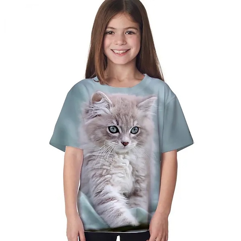 Bambino Da ragazza maglietta Animali Informale Manica corta Girocollo stile sveglio 7-13 anni Estate Nero Bianco Blu marino del 2025 a $11.99 –P4