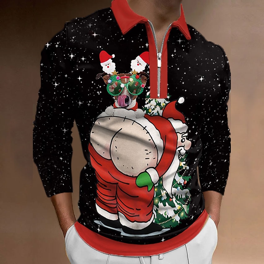 kerst heren kerstman 3d rits polo golf kerstman turndown wijn wit+rood rood+legergroen+wit zwart wit 3d print straat casual lange mouw rits print kleding kleding modeontwerper 2025 - $20.99 –P5
