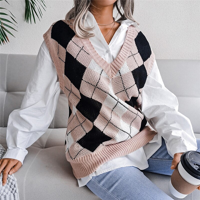 Women's Sweater Vest Pullover Sweater Jumper V Neck Ribbed Knit Acrylic Knitted Fall Winter Outdoor Daily Holiday Stylish Casual Soft Sleeveless Argyle Pink Red S M L 2023 - US $22.99 –P1