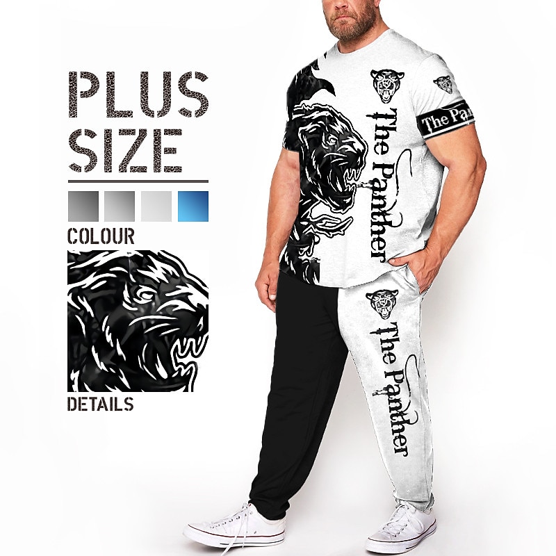 Men's Animal Lion 3D Print 2pcs Tees sets Matching Sets Short Sleeve Long pants Crew Neck Fashion Streetwear Casual Outdoor Daily Sports 3D Print Spring & Summer White Blue Black-white 2026 - $42.99 –P1