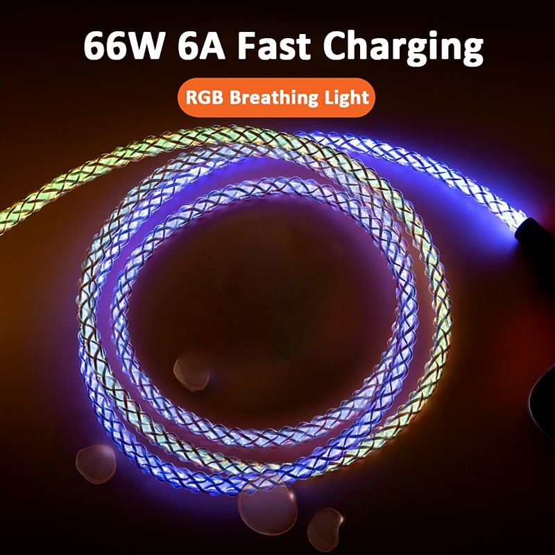 3-IN-1 6A 66W RGB Super Fast Charging Cable Type-C Micro USB Charger Cable Flow Cool Colorful Glow Data Line For iPhone Android 2025 - $16.99 –P3