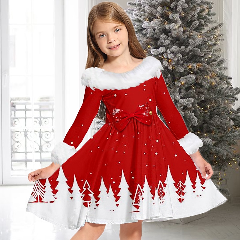 Kids Girls' Christmas Dress Dress Snowflake Dress Snowflake Long Sleeve  Casual Fur Trim Crewneck Adorable Daily Polyester Above Knee Casual Dress  Swing Dress A Line Dress Fall Winter 2-13 Years 2026 - $23.99