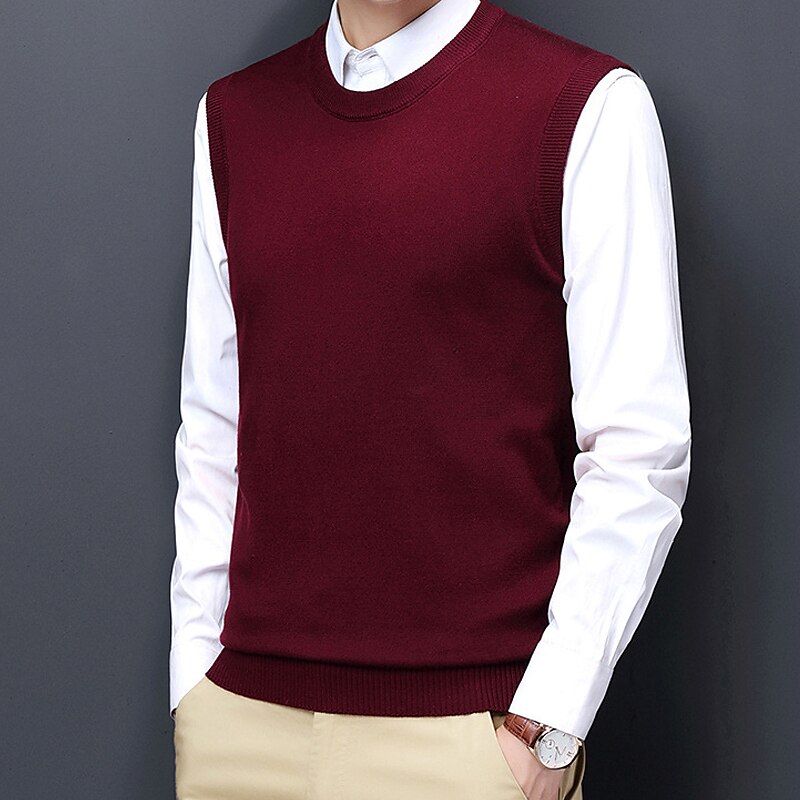 Men's Sweater Vest Dress Sweater Wool Sweater Pullover Sweater Jumper Ribbed Knit Knitted Solid Color Crew Neck Keep Warm Modern Contemporary Work Daily Wear Clothing Apparel Sleeveless Spring & Fall 2025 - $28.99 –P10