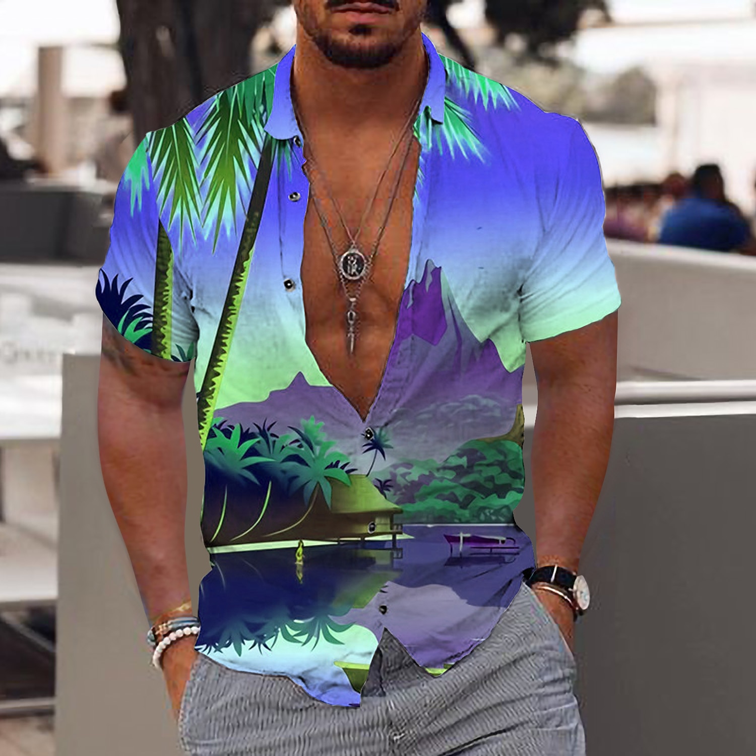 Per uomo Albero di cocco Piante tropicali Camicia Camicia hawaiana Camicia Aloha Manica corta Camicia Collo ripiegabile Di tendenza Hawaiano Originale Esterno Strada Informale Mare blu Giallo Blu Con del 2025 a $24.99 –P5