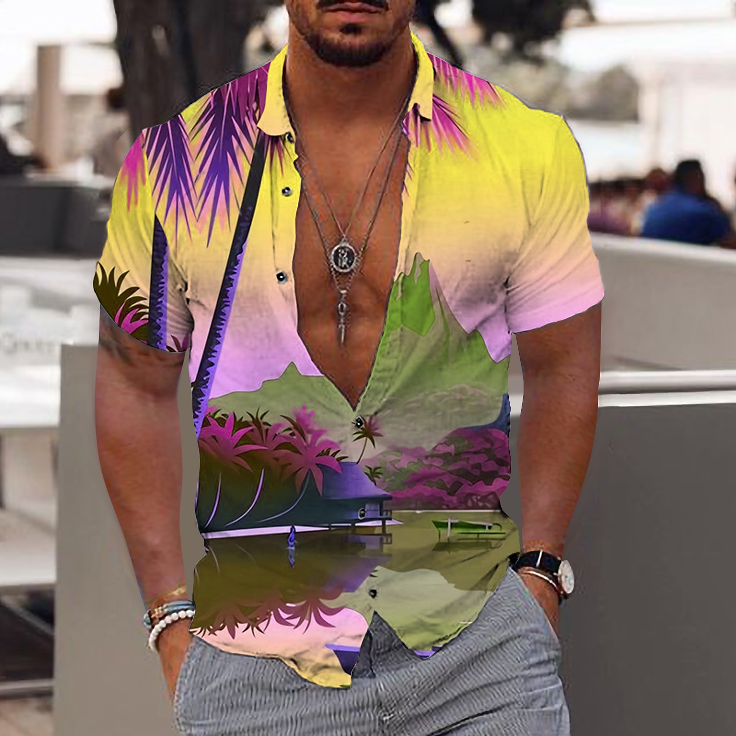 Per uomo Albero di cocco Piante tropicali Camicia Camicia hawaiana Camicia Aloha Manica corta Camicia Collo ripiegabile Di tendenza Hawaiano Originale Esterno Strada Informale Mare blu Giallo Blu Con del 2025 a $24.99 –P4