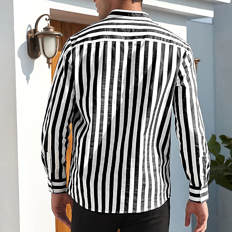 Herren Hemd Hemd mit chinesischem Kragen Hemd mit Stehkragen Popover-Hemd Sommerhemd Freizeithemd Schwarzgrau Blau Staubiges Blau Grün Langarm Gestreift Schwarz & Weiß Kragen Lässig Täglich 2025 - $21.99 –P14