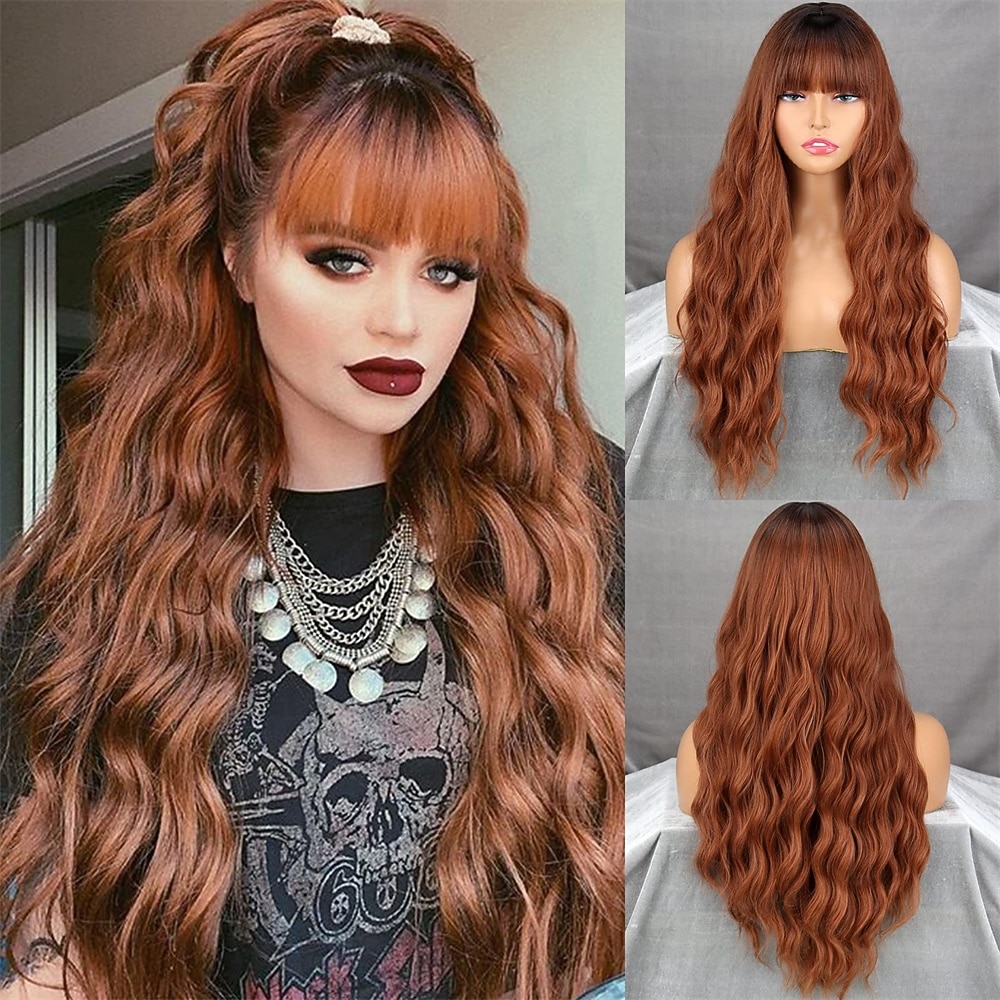 lang oransje parykk med pannelugg bølget krøllet ingefær bangs parykk syntetisk kvinner oransje lang parykk naturlig leter etter daglig og halloween fest 2025 - $29.99 –P2