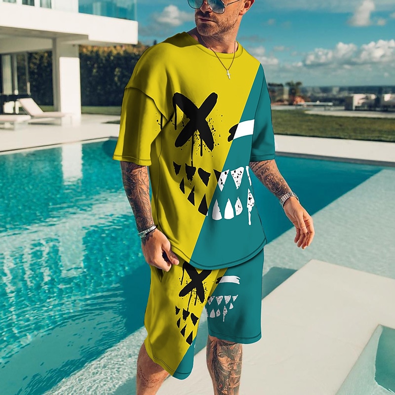 Herr Grafisk Grimas 2st T-shirts uppsättningar Matchande set Kortärmad Korta byxor Rund hals Designer Ledigt Bekväm Utomhus Semester Dagligen 3D-utskrift Vår & sommar Ljusgul Mörkgul Svart och Röd 2025 - $30.99 –P5