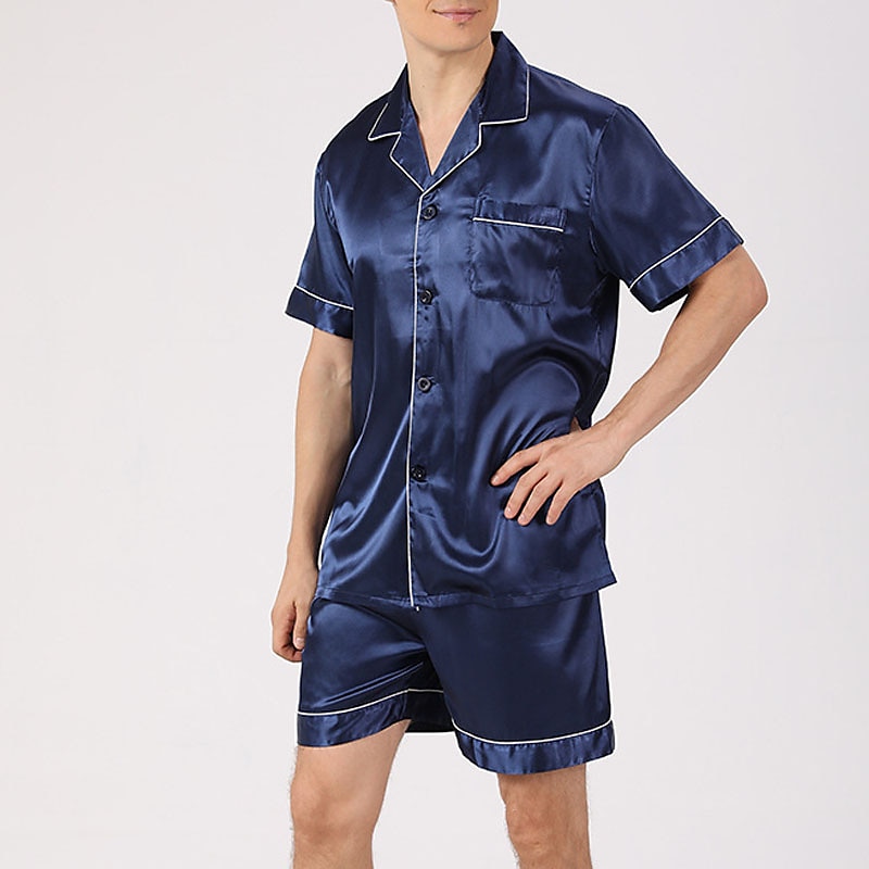 Men's Sleepwear Pajama Set Silk Pajama Pajama Top and Shorts 1 set Plain Fashion Comfort Home Bed Faux Silk Comfort Lapel Short Sleeve Shorts Button Spring Summer Black Blue 2025 - $24.99 –P2