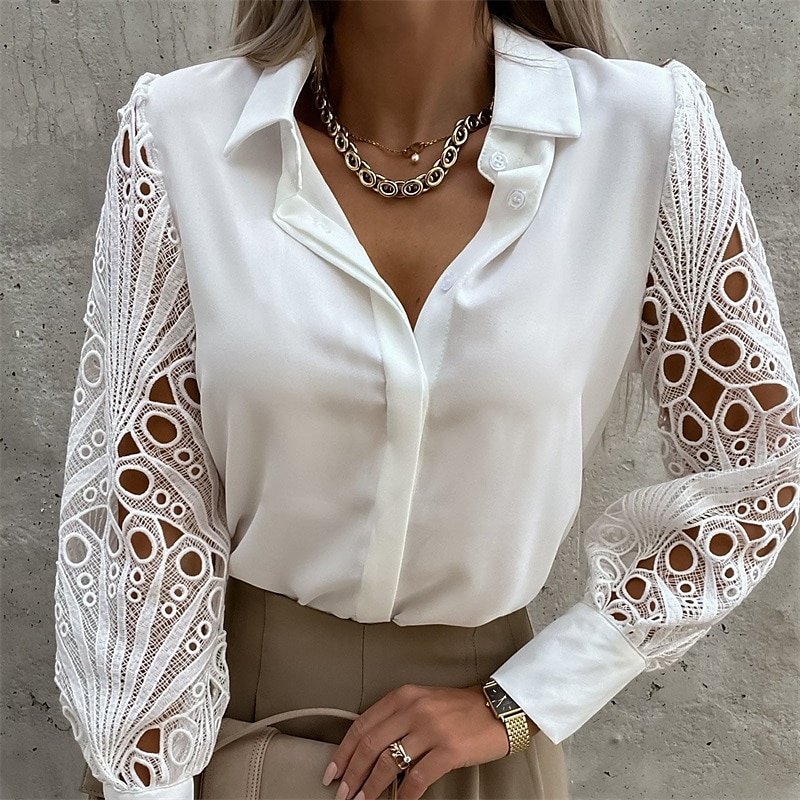 Mulheres Camisa Social Camisa de renda Blusa Topo de ilhó Cor Sólida / Simples Elegante Moda Diário Colarinho de Camisa Escritório Rua Para Noite Patchwork Buraco Preto Branco Primavera & Outono de 2025 por $29.99 –P5