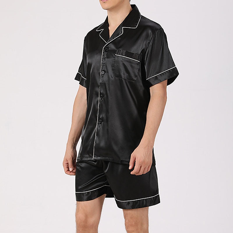 Men's Sleepwear Pajama Set Silk Pajama Pajama Top and Shorts 1 set Plain Fashion Comfort Home Bed Faux Silk Comfort Lapel Short Sleeve Shorts Button Spring Summer Black Blue 2025 - $24.99 –P6