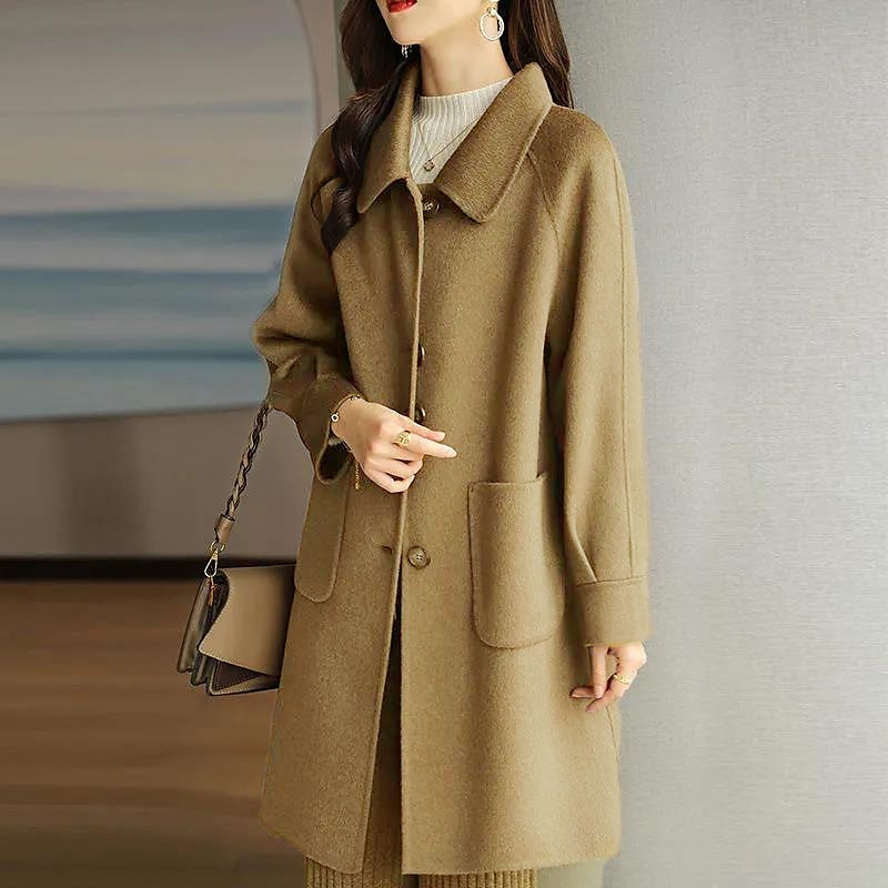 Women's Winter Coat Long Overcoat Single Breasted Lapel Pea Coat Thermal Warm Windproof Trench Coat with Pockets Elegant Outerwear Fall Outerwear Long Sleeve Gray Black 2023 - US $31.99 –P7