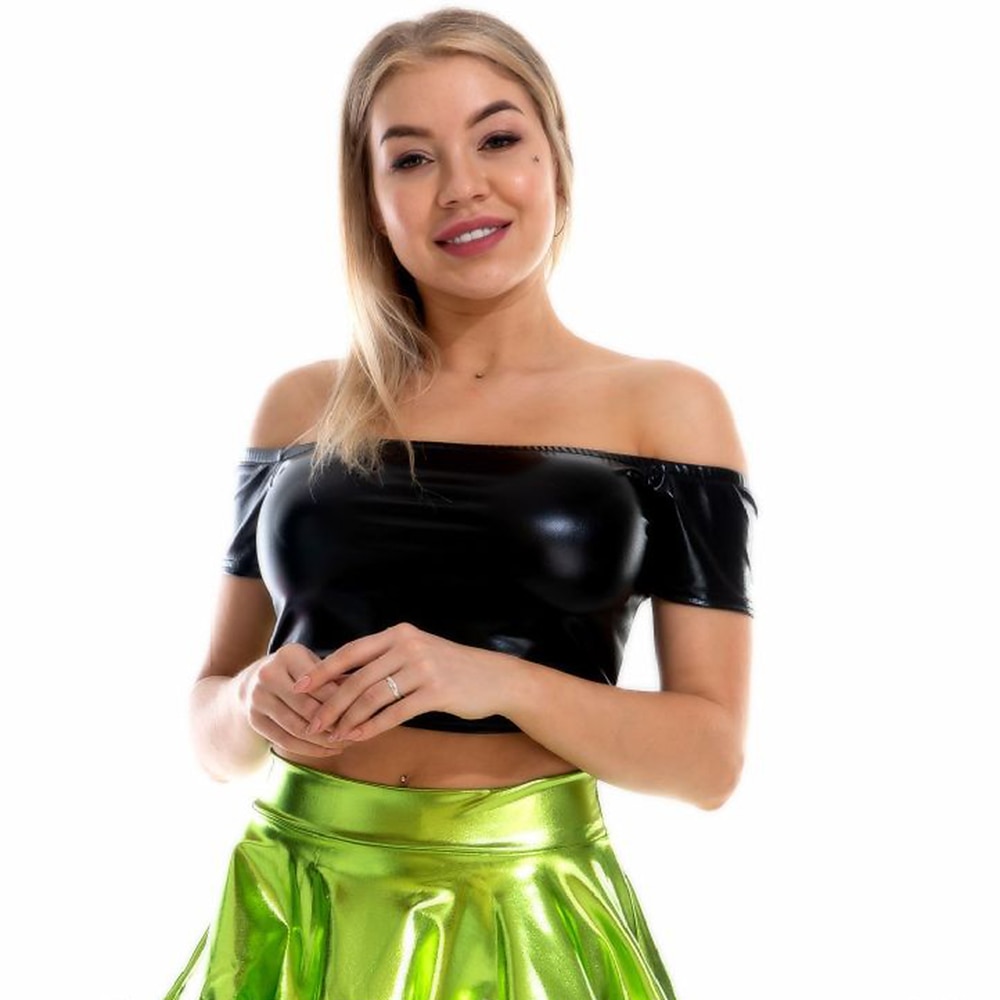 Metallic 1980s Shiny Latex Patent Crop Top PU Leather Off Shoulder Women's Carnival Costume Masquerade Party Bachelorette Party Pride Parade Adults' Top 2025 - $18.49 –P3