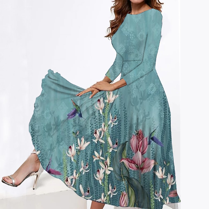Women's Midi Dress Tiered Dress Elegant Vintage Date Regular Fit Flower Long Sleeve Crew Neck Blue Green Grey Summer Spring Fall Autumn 2025 - $27.99 –P2