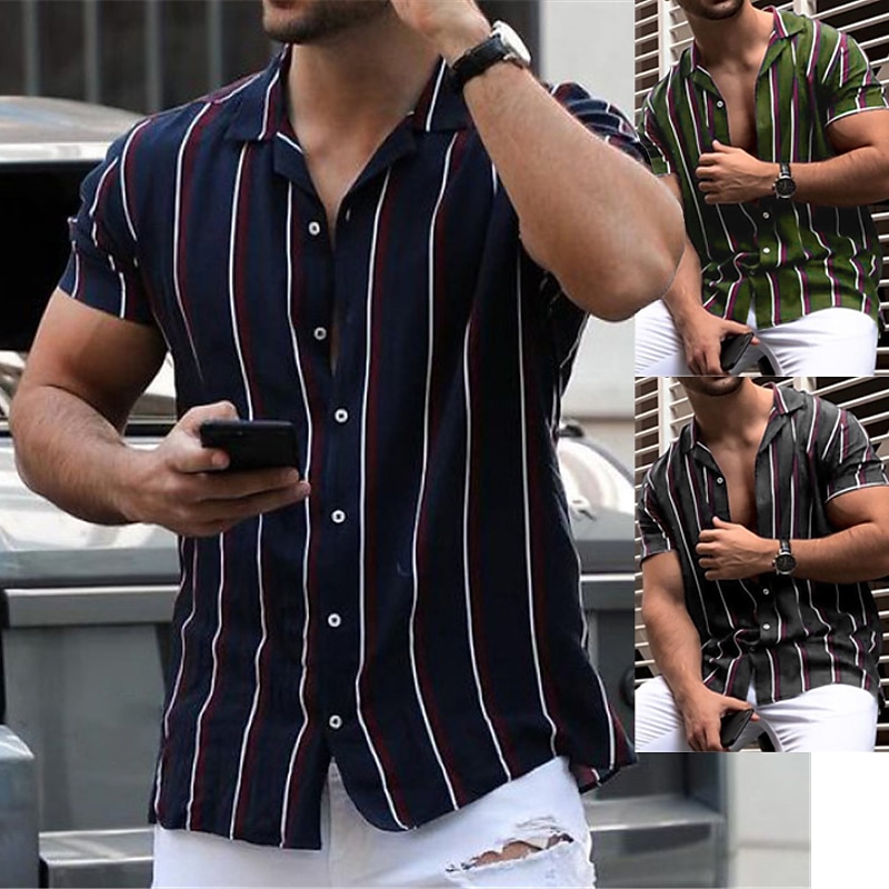 Men's Shirt Turndown Sports Fashion Classic Summer Short Sleeve Army Green Navy Blue Gray Striped Turndown Street Casual Button-Down Clothing Clothes Cotton Cotton Blend Sports Fashion Classic 2025 - $10.99 –P5