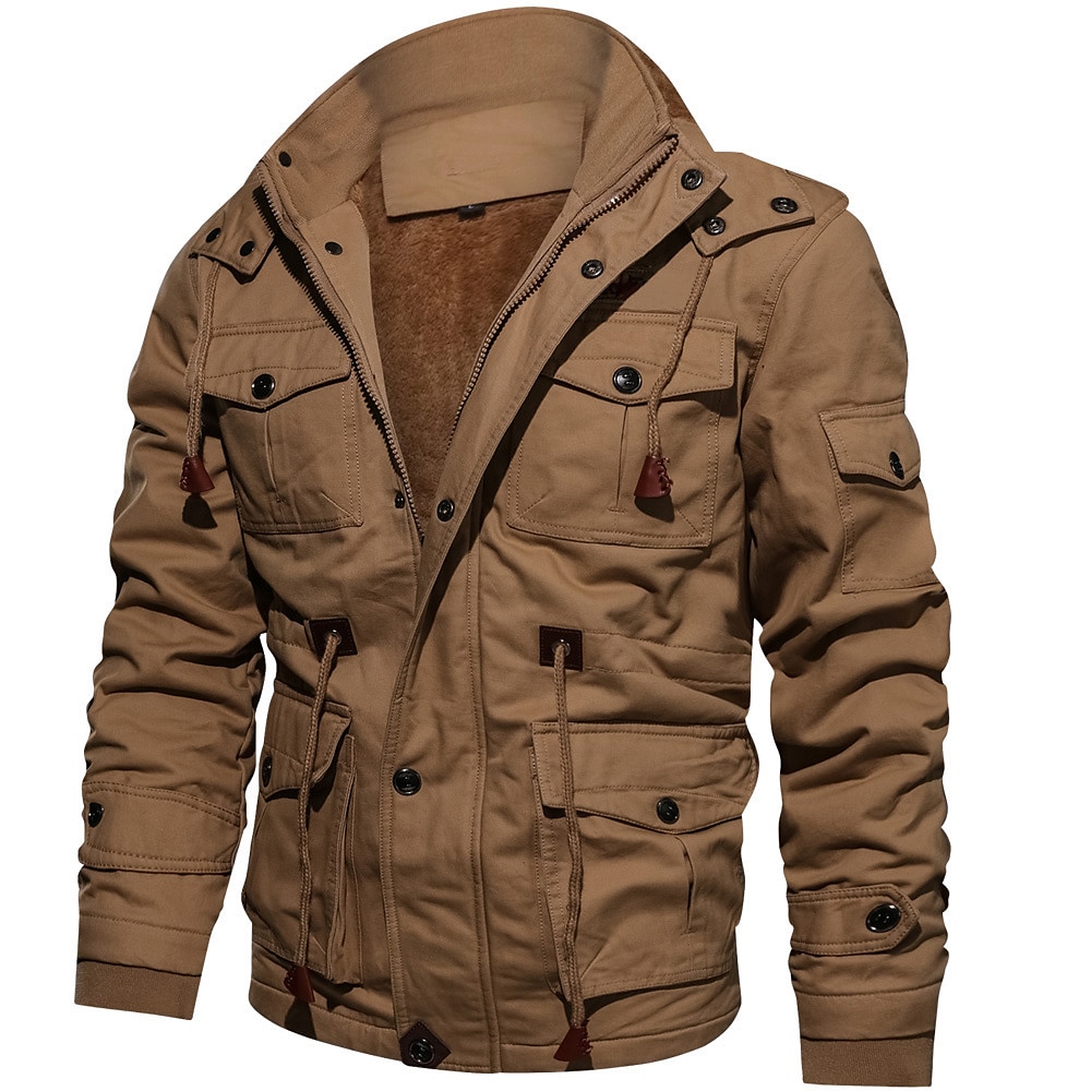 Men's Bomber Jacket Winter Jacket Winter Regular Solid Colored Drawstring Basic Daily Fleece Lining Warm Army Green Khaki Black 2023 - US $44.99 –P3
