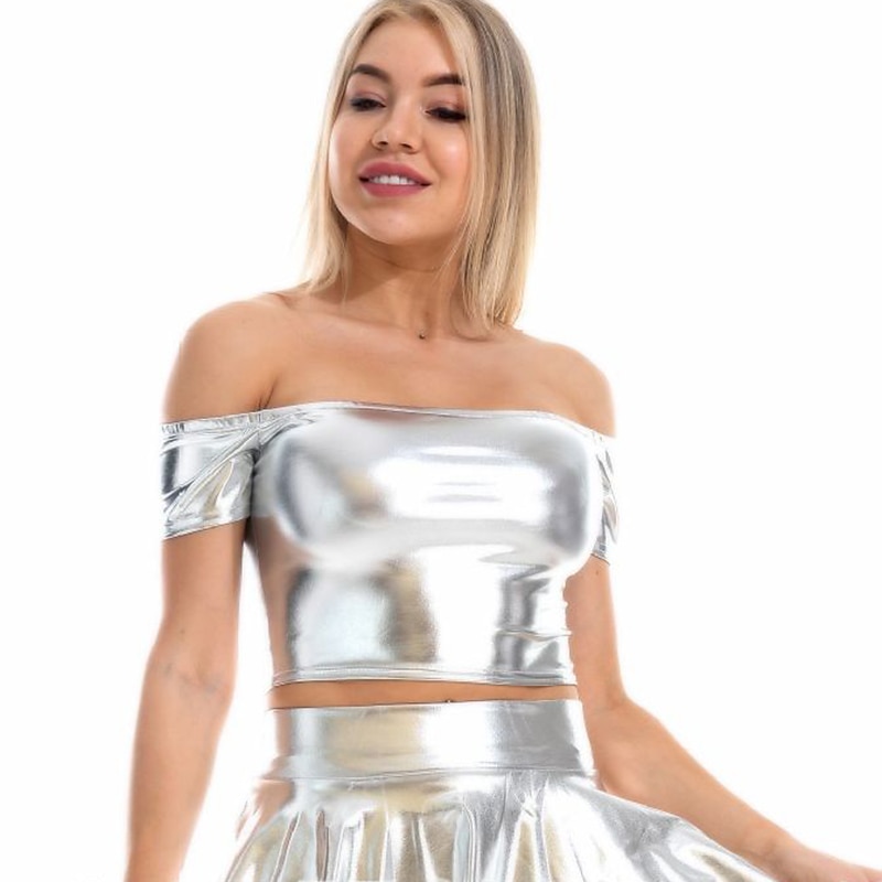 Metallic 1980s Shiny Latex Patent Crop Top PU Leather Off Shoulder Women's Carnival Costume Masquerade Party Bachelorette Party Pride Parade Adults' Top 2025 - $18.49 –P16
