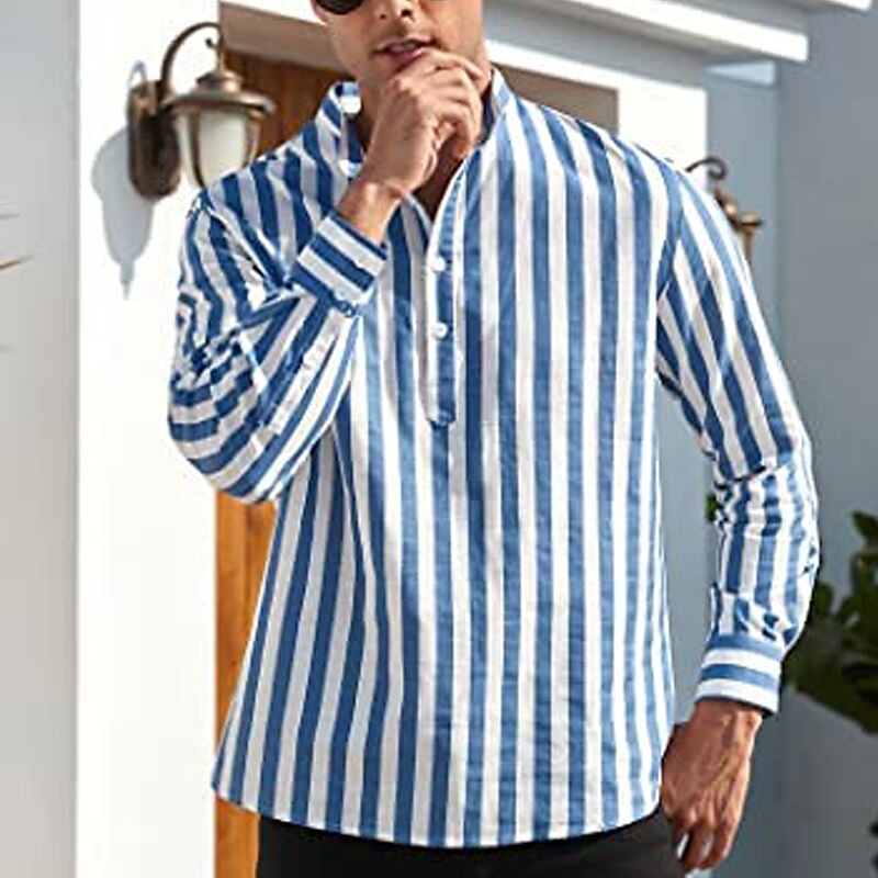 Herren Hemd Hemd mit chinesischem Kragen Hemd mit Stehkragen Popover-Hemd Sommerhemd Freizeithemd Schwarzgrau Blau Staubiges Blau Grün Langarm Gestreift Schwarz & Weiß Kragen Lässig Täglich 2025 - $21.99 –P12