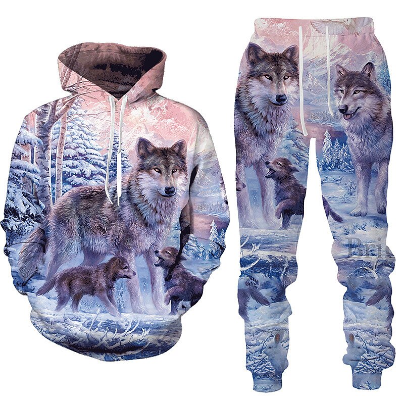 Men's Graphic Animal Wolf 2pcs 3D Sweatshirt Sets Tracksuit Hoodies Long Sleeve Long pants Hooded Streetwear Designer Basic Sports & Outdoor Casual Sports Print Spring Fall Black White Blue 2025 - $38.99 –P4