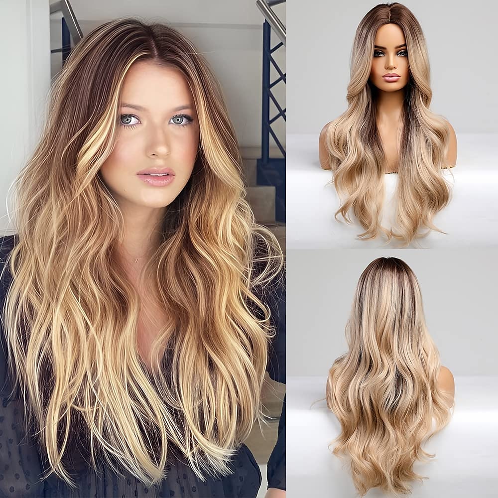 parrucca bionda lunga ombre per le donne 26 pollici parrucche ondulate bionde sintetiche parte centrale capelli resistenti al calore lunga parrucca bionda per abbigliamento da festa quotidiano del 2025 a $36.99 –P1