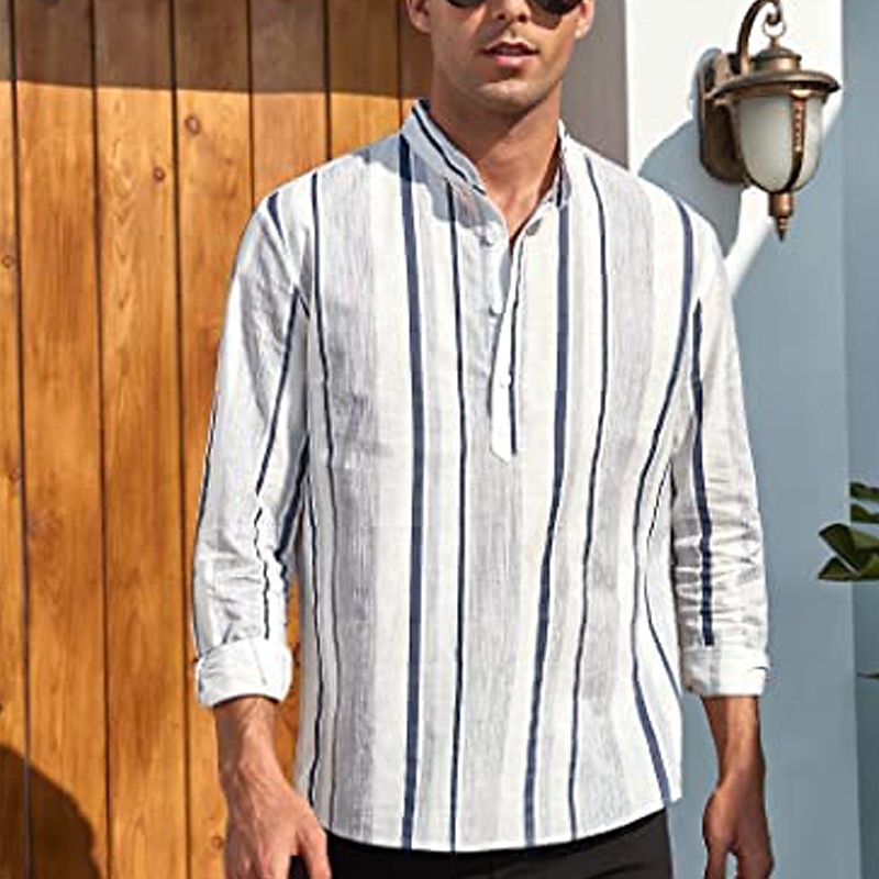 Herren Hemd Hemd mit chinesischem Kragen Hemd mit Stehkragen Popover-Hemd Sommerhemd Freizeithemd Schwarzgrau Blau Staubiges Blau Grün Langarm Gestreift Schwarz & Weiß Kragen Lässig Täglich 2025 - $21.99 –P3