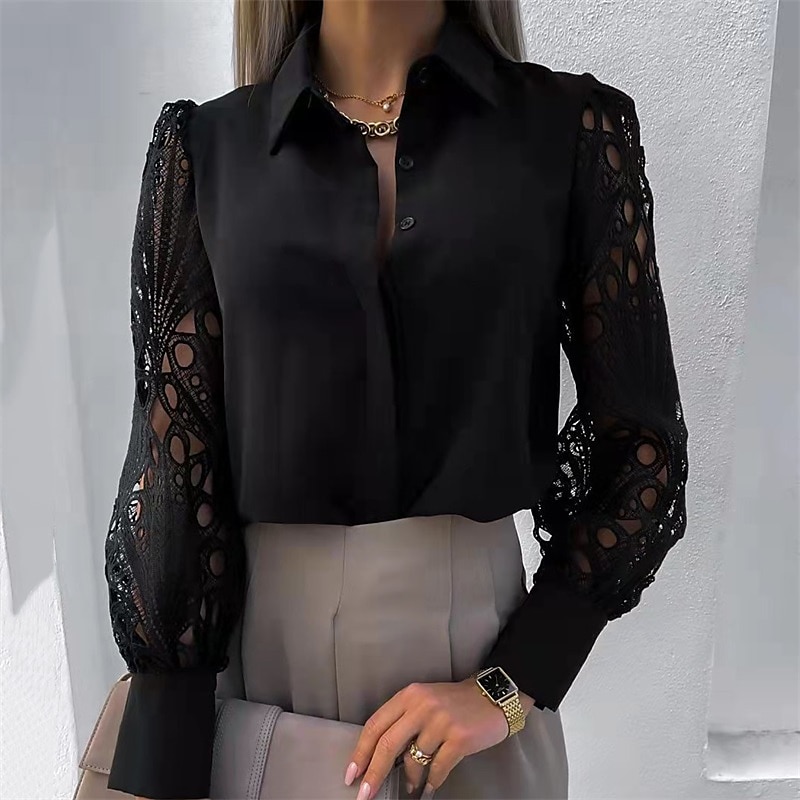 Mulheres Camisa Social Camisa de renda Blusa Topo de ilhó Cor Sólida / Simples Elegante Moda Diário Colarinho de Camisa Escritório Rua Para Noite Patchwork Buraco Preto Branco Primavera & Outono de 2025 por $29.99 –P2