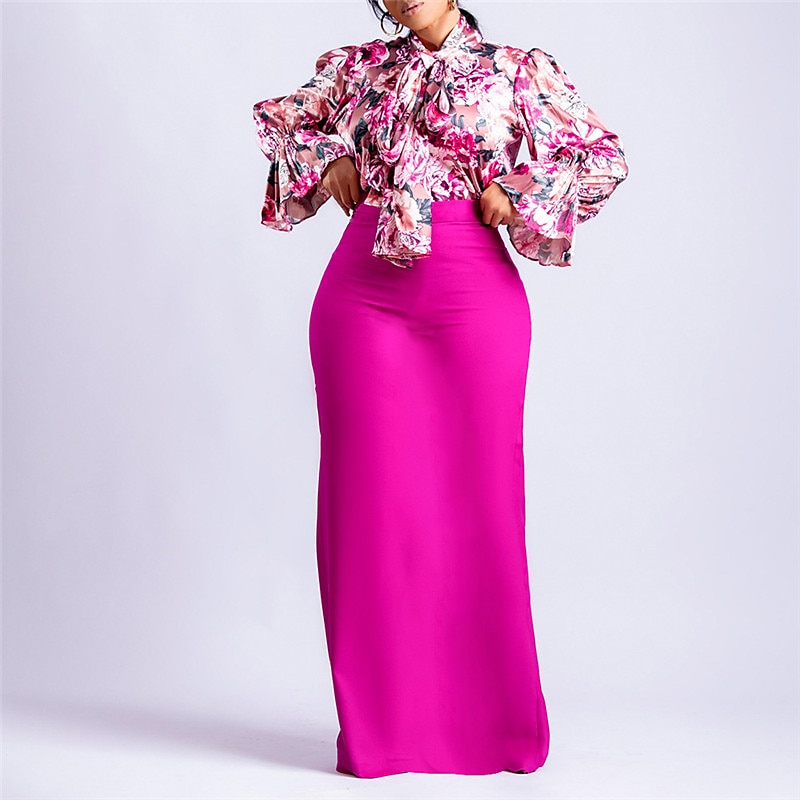 Women's Party Dress Work Dress Two Piece Dress Long Dress Maxi Dress Pink Blue Fuchsia Long Sleeve Floral Lace up Spring Fall Winter Stand Collar Fashion 2023 S M L XL 2XL 3XL 2023 - AED 166 –P2