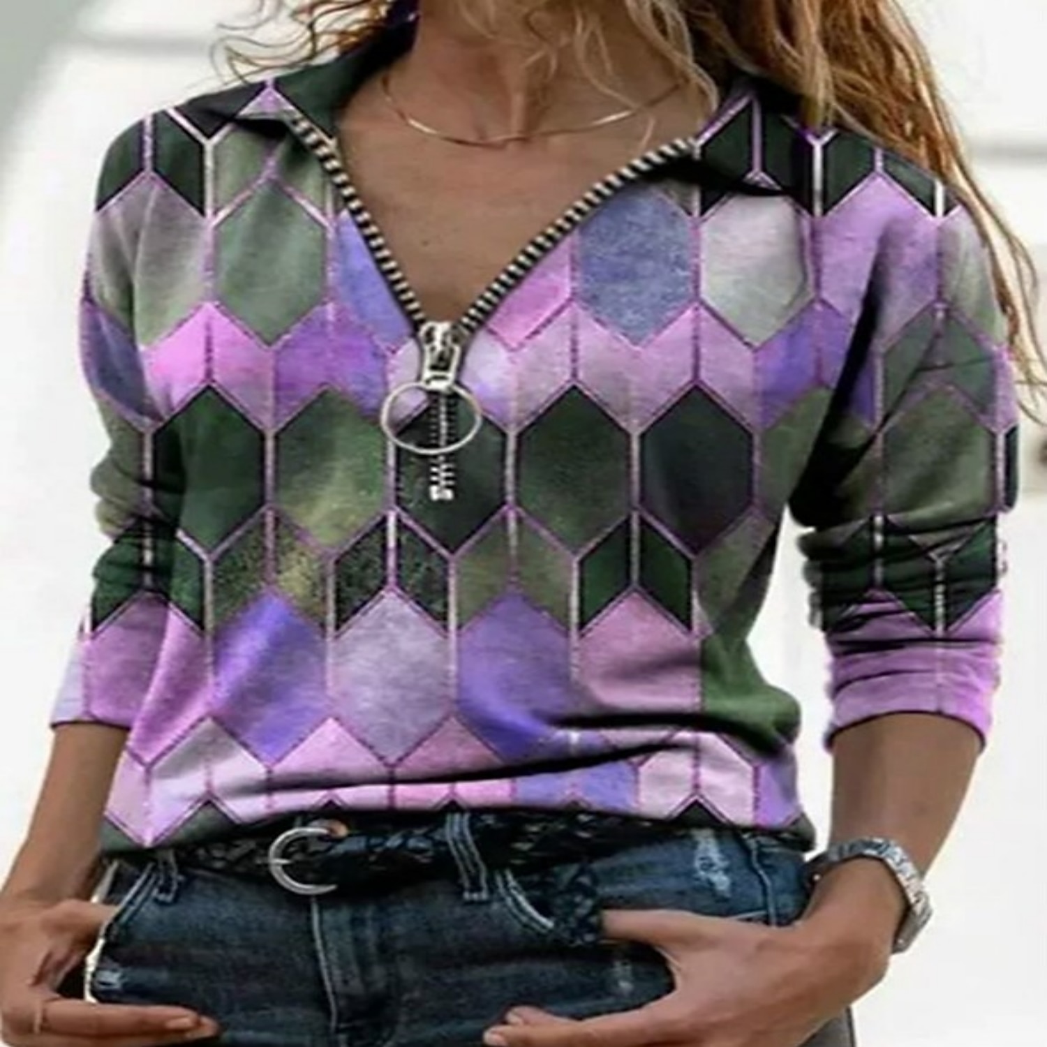 Women's T shirt Tee Blue Purple Orange Geometric Color Block Quarter Zip Print Long Sleeve Casual Daily Basic Shirt Collar Regular S 2025 - $29.99 –P3