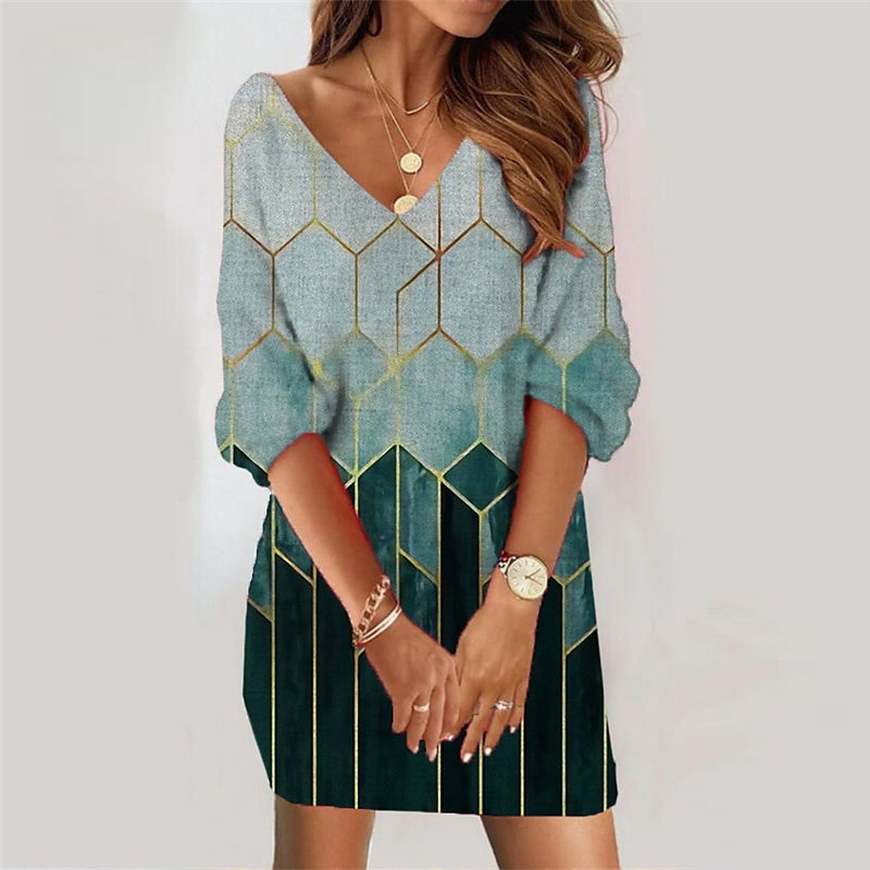 robe sweat-shirt pour femme robe décontractée robe droite imprimé géométrique ombré col en V mini robe tous les jours manches 3/4 printemps automne de 2025 ? $26.99 –P2
