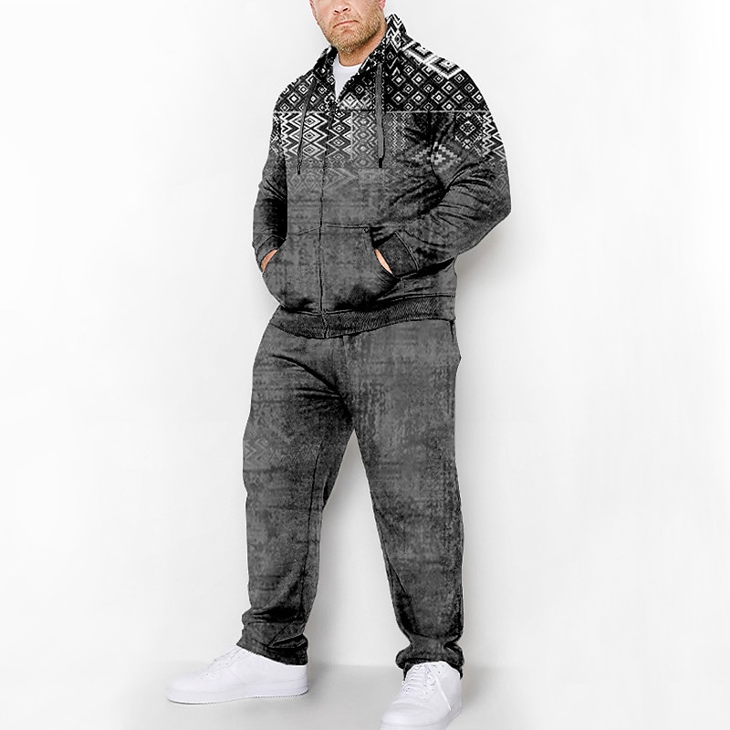 Herr Grafisk Bohemisk 2st 3D-tröja set Träningsoverall Zip Up hoodies Långärmad Långa byxor Huva Mode Designer Ledigt Dagligen Sport Utekväll 3D-utskrift Vår & Höst Blå Grön Kaffe 2025 - $56.99 –P3