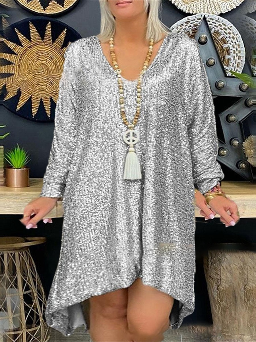 Women‘s Plus Size Sequin Dress Party Dress Sparkly Dress V Neck Long Sleeve Fall Spring Fashion Elegant Midi Dress Evening 2023 - US $55.99 –P4