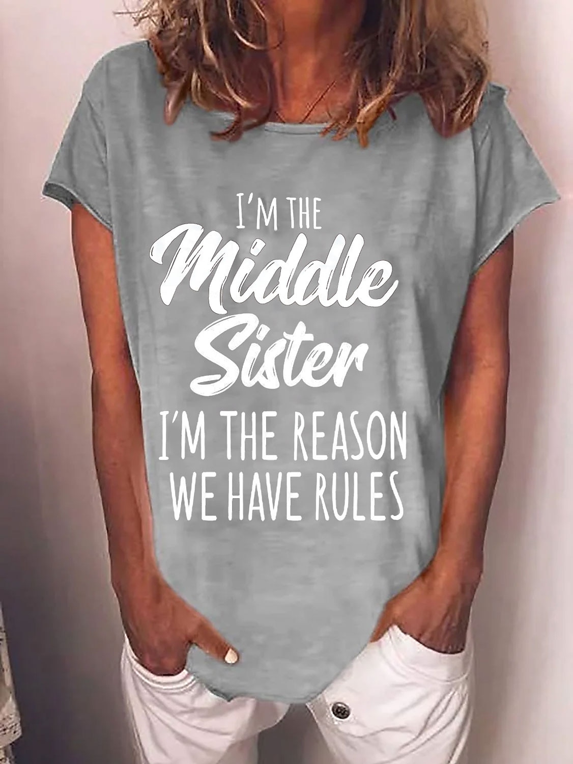 Mulheres Camiseta Texto Básico Manga Curta Decote Redondo Tops regulares Casual Final de semana Verde Claro Rosa Pêssego Azul Azul Céu de 2025 por $3.39 –P2
