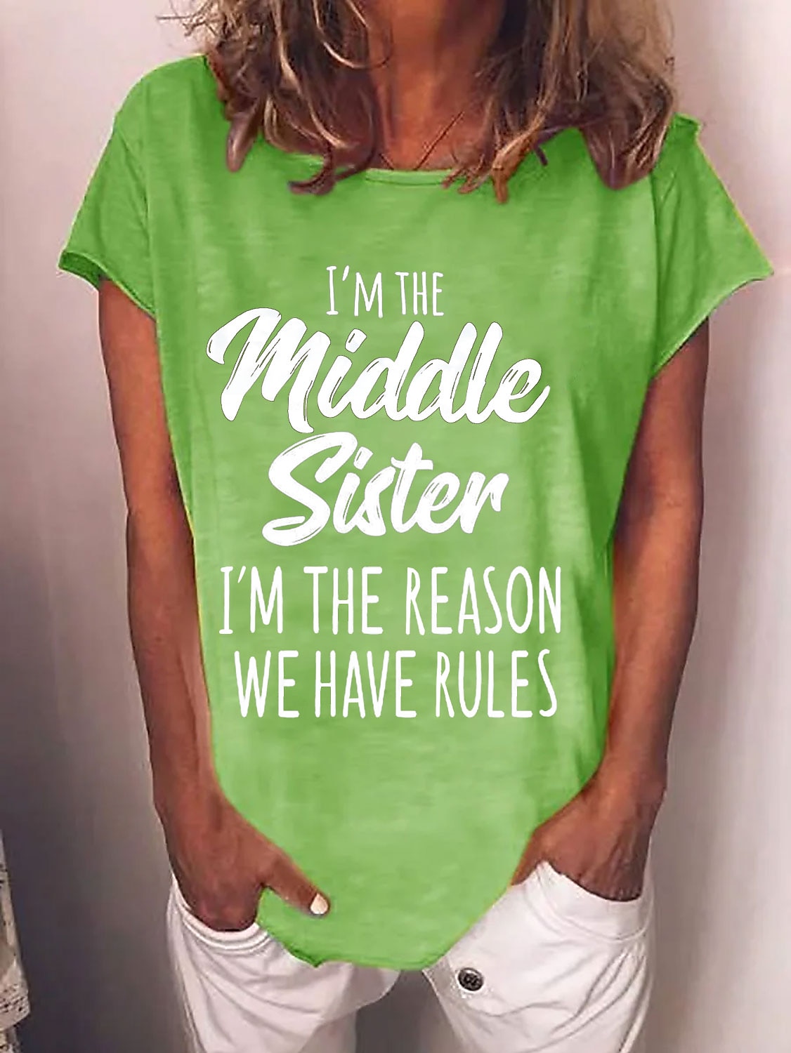 Mulheres Camiseta Texto Básico Manga Curta Decote Redondo Tops regulares Casual Final de semana Verde Claro Rosa Pêssego Azul Azul Céu de 2025 por $3.39 –P3
